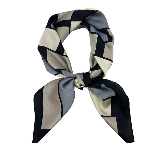 ✨Luxury Silky Square Scarf Black Gray Beige Geometric Block Print Versatile Wrap - Picture 2 of 6